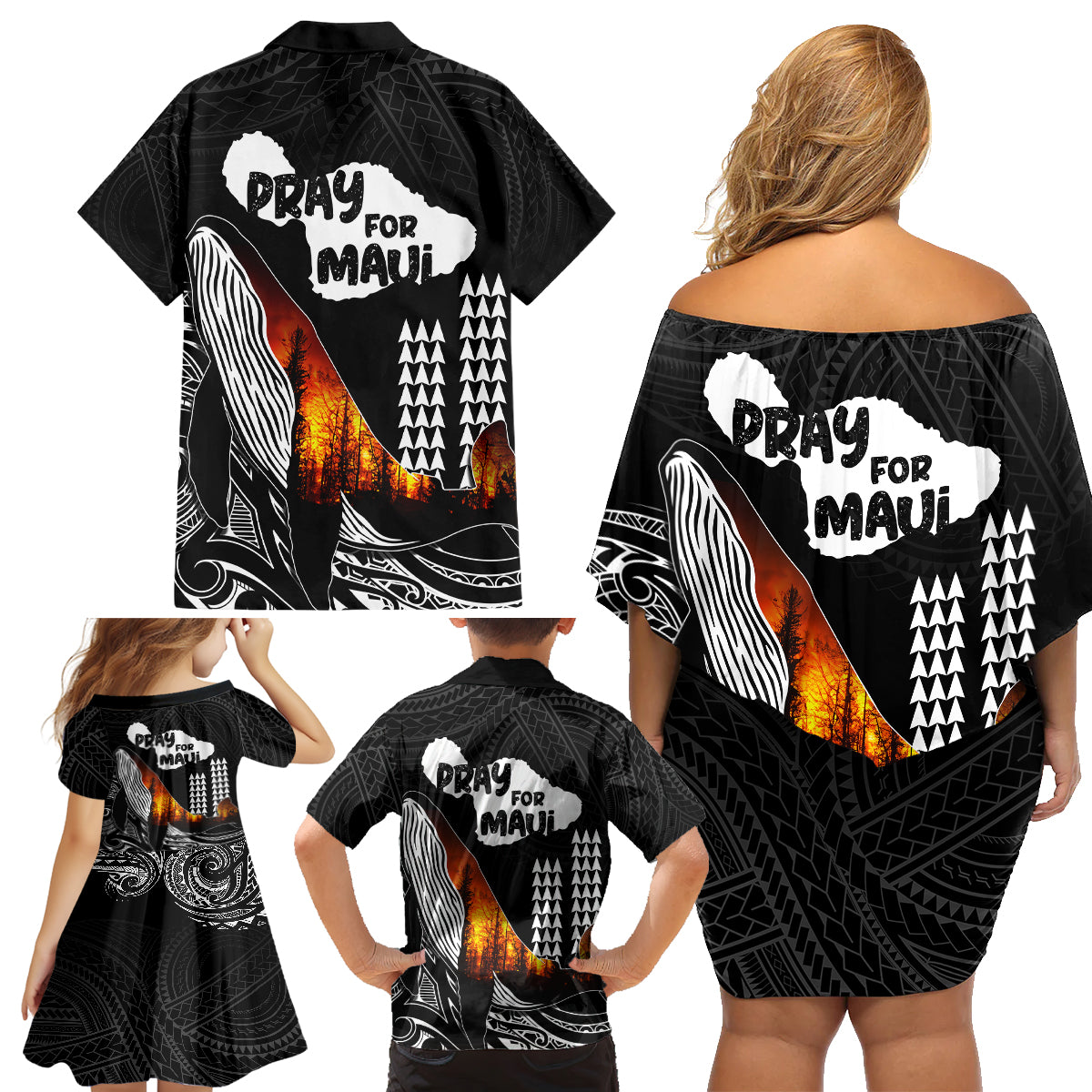 Hawaii Humpback Whale Family Matching Off Shoulder Short Dress and Hawaiian Shirt Be Strong - Pray For Maui LT7 - Polynesian Pride