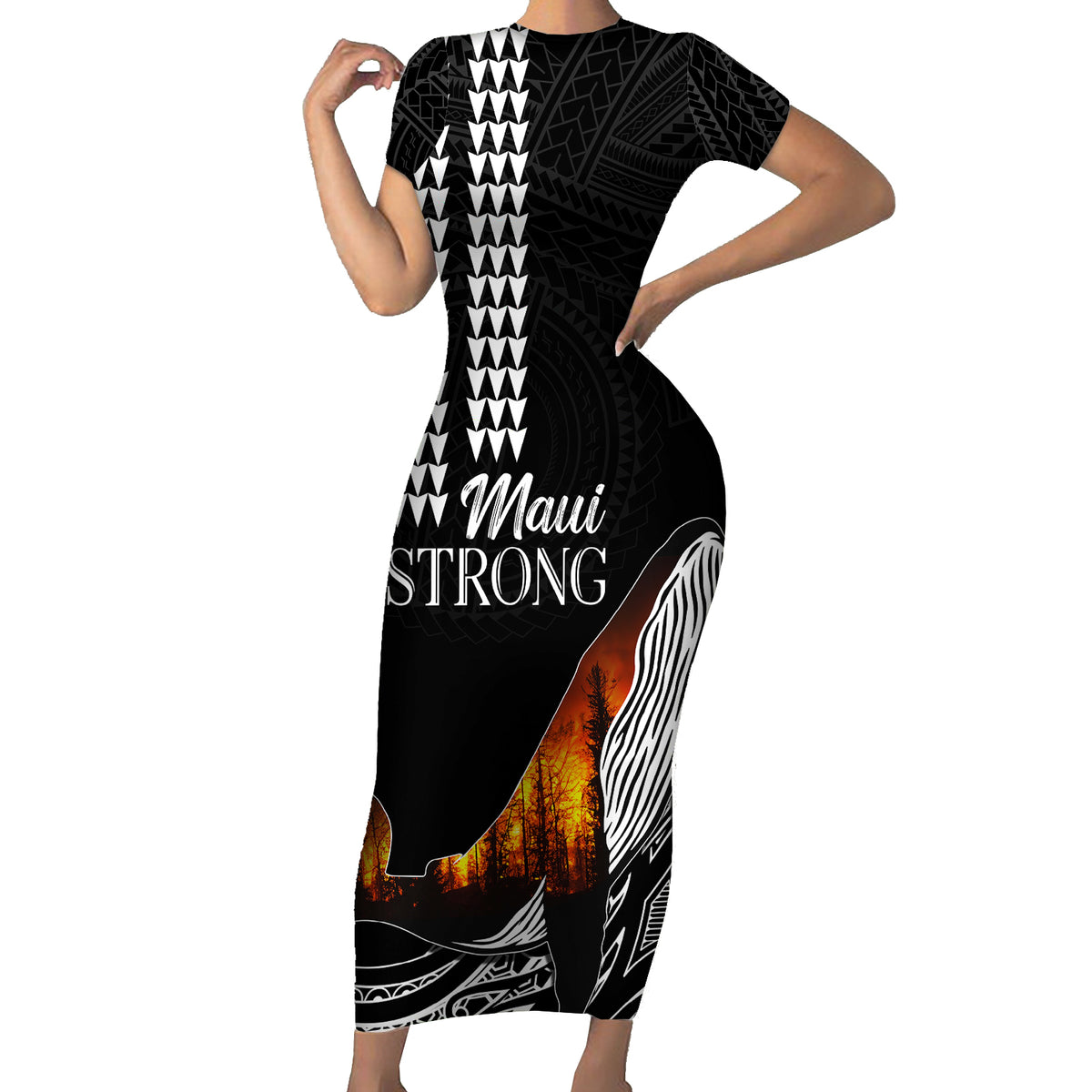 Hawaii Humpback Whale Short Sleeve Bodycon Dress Be Strong - Pray For Maui LT7 Long Dress Black - Polynesian Pride