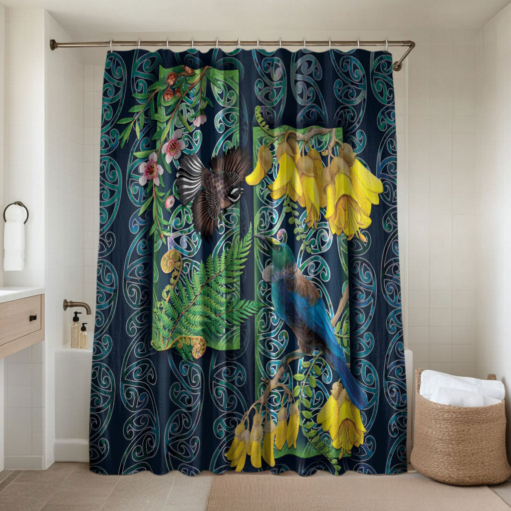 Aotearoa Maori Mangopare Christmas Bathroom Set Pikawakawa and Tui LT7 Shower Curtain Only Dark Blue - Polynesian Pride