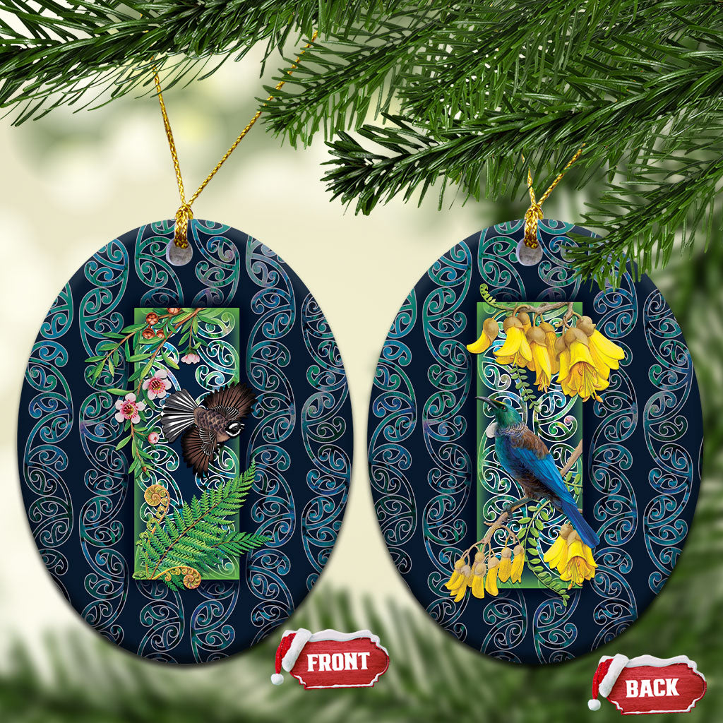 Aotearoa Maori Mangopare Christmas Ceramic Ornament Pikawakawa and Tui LT7 Oval Dark Blue - Polynesian Pride