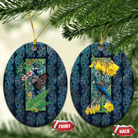 Aotearoa Maori Mangopare Christmas Ceramic Ornament Pikawakawa and Tui LT7 Oval Dark Blue - Polynesian Pride