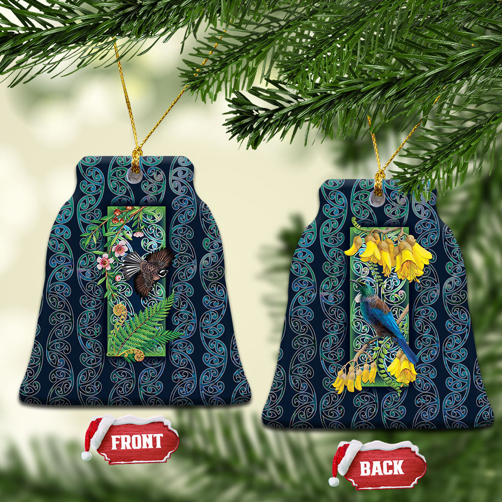 Aotearoa Maori Mangopare Christmas Ceramic Ornament Pikawakawa and Tui LT7 Bell Flake Dark Blue - Polynesian Pride