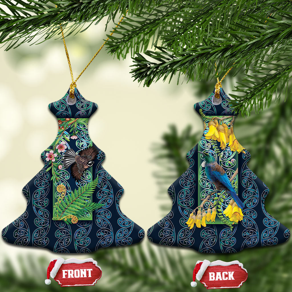 Aotearoa Maori Mangopare Christmas Ceramic Ornament Pikawakawa and Tui LT7 Christmas Tree Dark Blue - Polynesian Pride