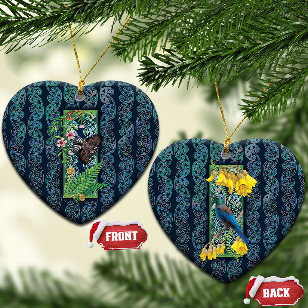 Aotearoa Maori Mangopare Christmas Ceramic Ornament Pikawakawa and Tui LT7 Heart Dark Blue - Polynesian Pride