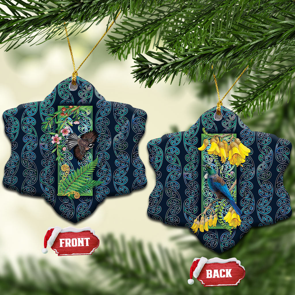 Aotearoa Maori Mangopare Christmas Ceramic Ornament Pikawakawa and Tui LT7 Snow Flake Dark Blue - Polynesian Pride