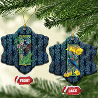 Aotearoa Maori Mangopare Christmas Ceramic Ornament Pikawakawa and Tui LT7 Snow Flake Dark Blue - Polynesian Pride