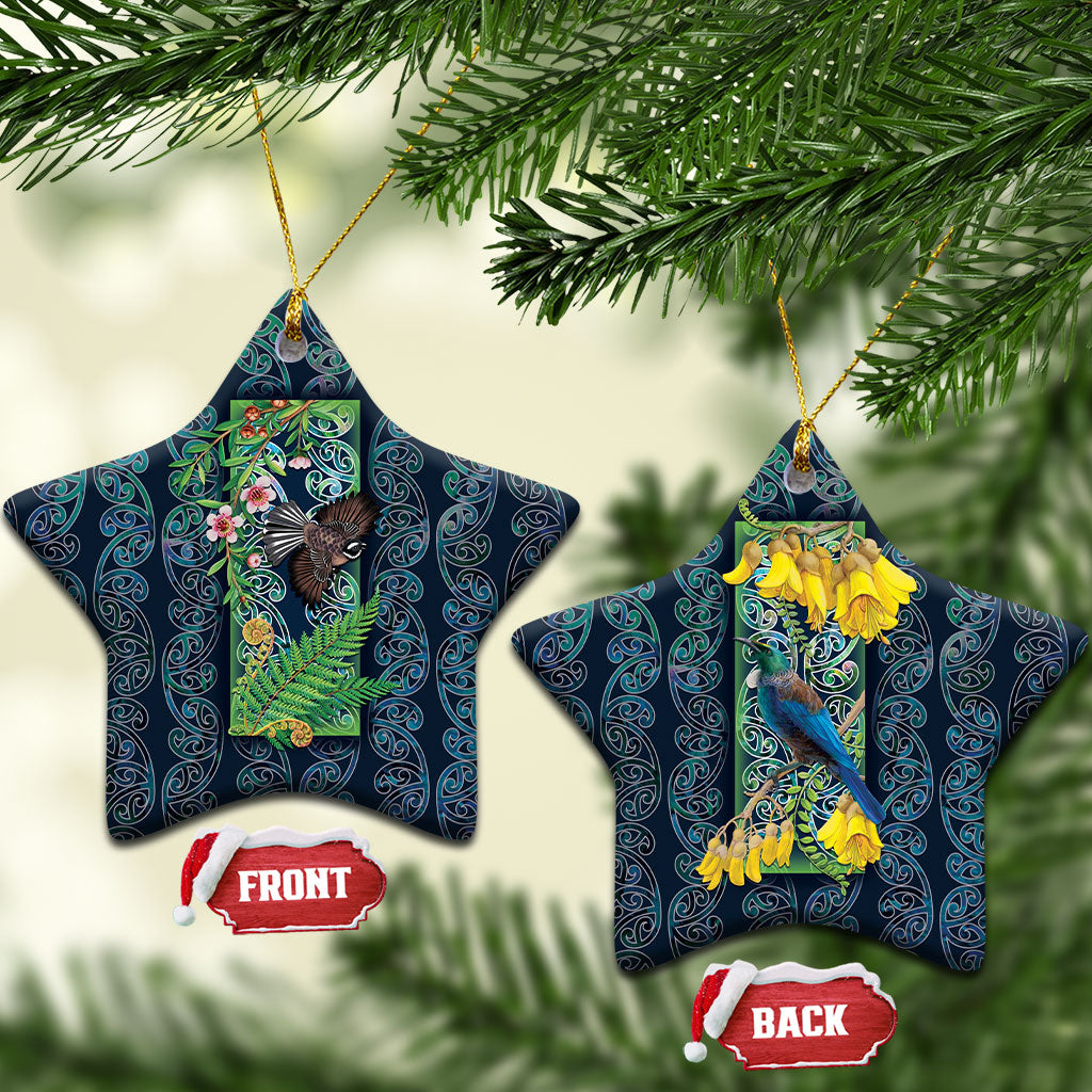 Aotearoa Maori Mangopare Christmas Ceramic Ornament Pikawakawa and Tui LT7 Star Dark Blue - Polynesian Pride