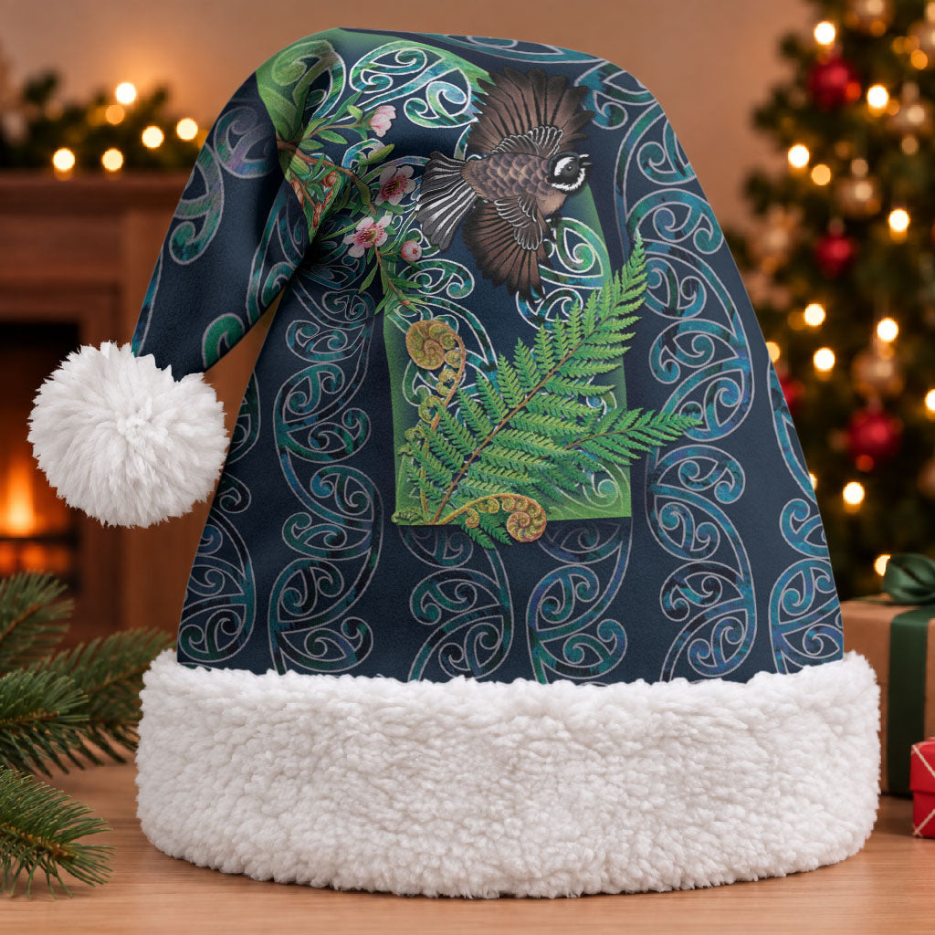 Aotearoa Maori Mangopare Christmas Santa Hat Pikawakawa and Tui LT7 With Fur Dark Blue - Polynesian Pride