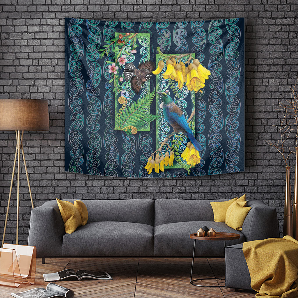 Aotearoa Maori Mangopare Christmas Tapestry Pikawakawa and Tui LT7 Dark Blue - Polynesian Pride