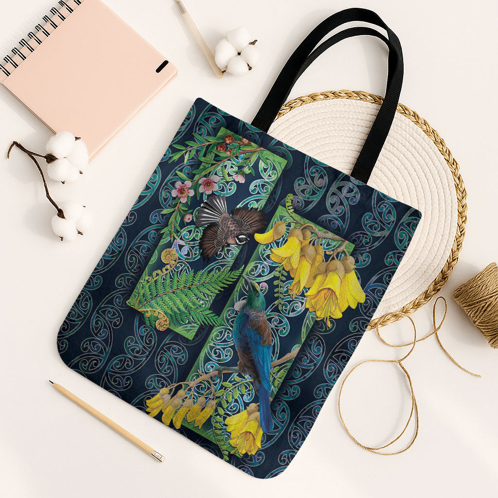 Aotearoa Maori Mangopare Christmas Tote Bag Pikawakawa and Tui LT7 Black Strap One Size Dark Blue - Polynesian Pride