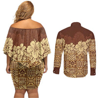 Niue Hiapo Motif Couples Matching Off Shoulder Short Dress and Long Sleeve Button Shirt Tapa Classic