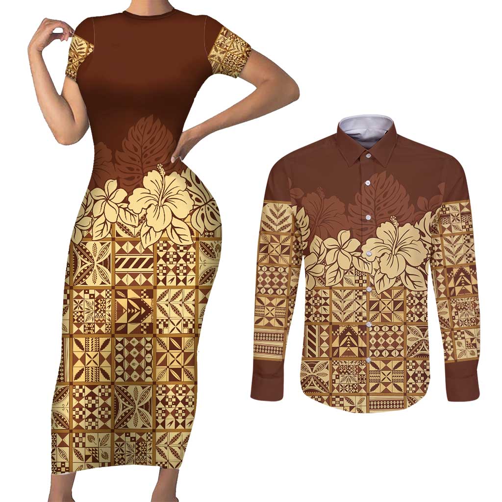 Niue Hiapo Motif Couples Matching Short Sleeve Bodycon Dress and Long Sleeve Button Shirt Tapa Classic