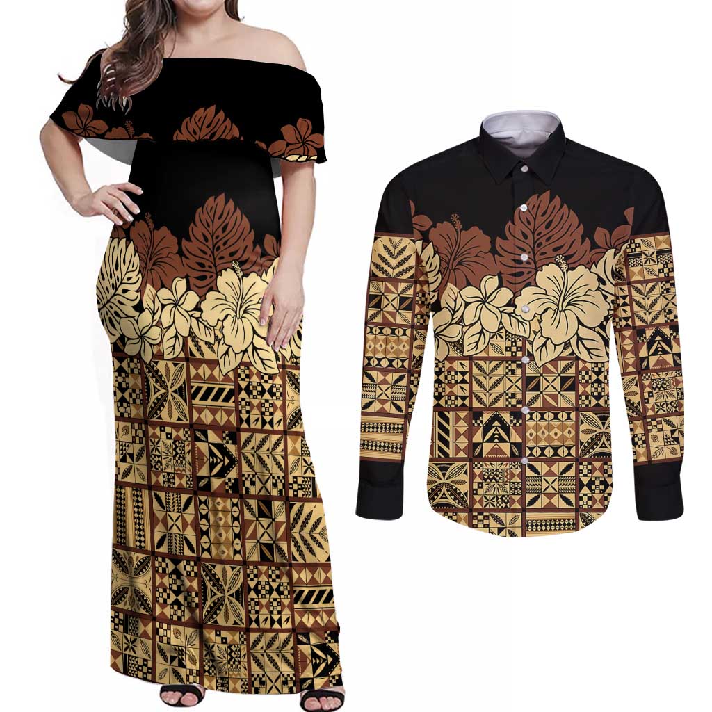 Niue Hiapo Motif Couples Matching Off Shoulder Maxi Dress and Long Sleeve Button Shirt Tapa Classic - Black Ver