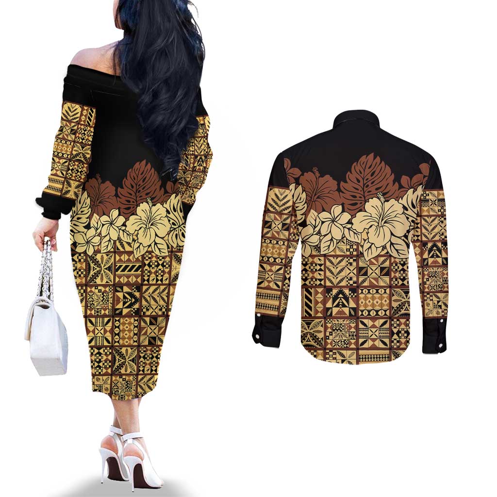 Niue Hiapo Motif Couples Matching Off The Shoulder Long Sleeve Dress and Long Sleeve Button Shirt Tapa Classic - Black Ver