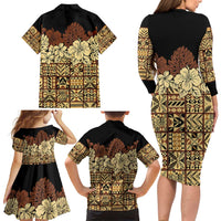Niue Hiapo Motif Family Matching Long Sleeve Bodycon Dress and Hawaiian Shirt Tapa Classic - Black Ver
