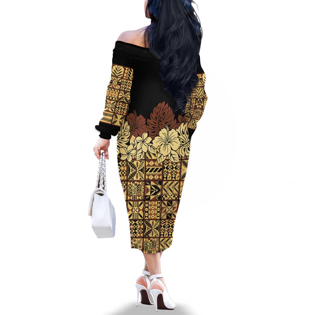 Niue Hiapo Motif Family Matching Off The Shoulder Long Sleeve Dress and Hawaiian Shirt Tapa Classic - Black Ver