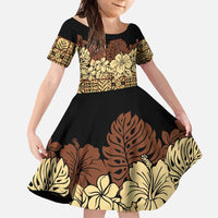 Niue Hiapo Motif Family Matching Off Shoulder Maxi Dress and Hawaiian Shirt Tapa Classic - Black Ver