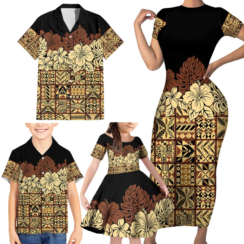 Niue Hiapo Motif Family Matching Short Sleeve Bodycon Dress and Hawaiian Shirt Tapa Classic - Black Ver