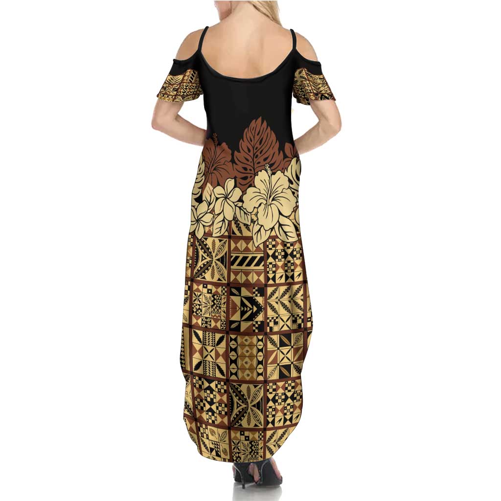 Niue Hiapo Motif Family Matching Summer Maxi Dress and Hawaiian Shirt Tapa Classic - Black Ver