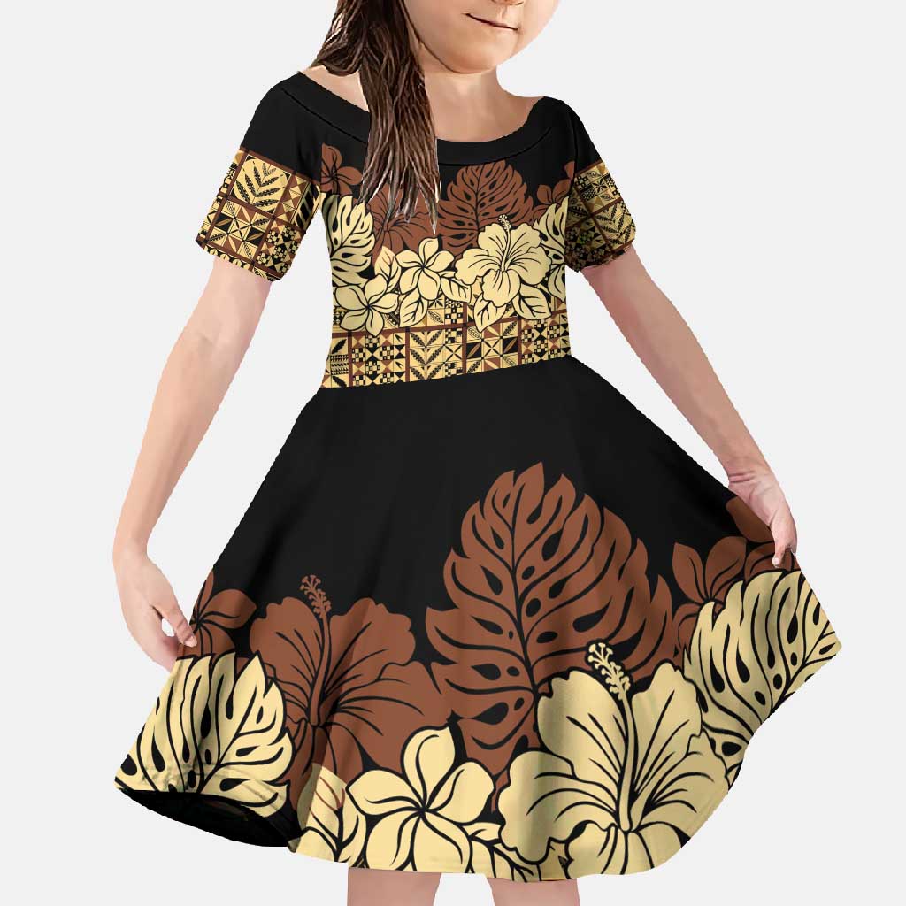 Niue Hiapo Motif Family Matching Tank Maxi Dress and Hawaiian Shirt Tapa Classic - Black Ver