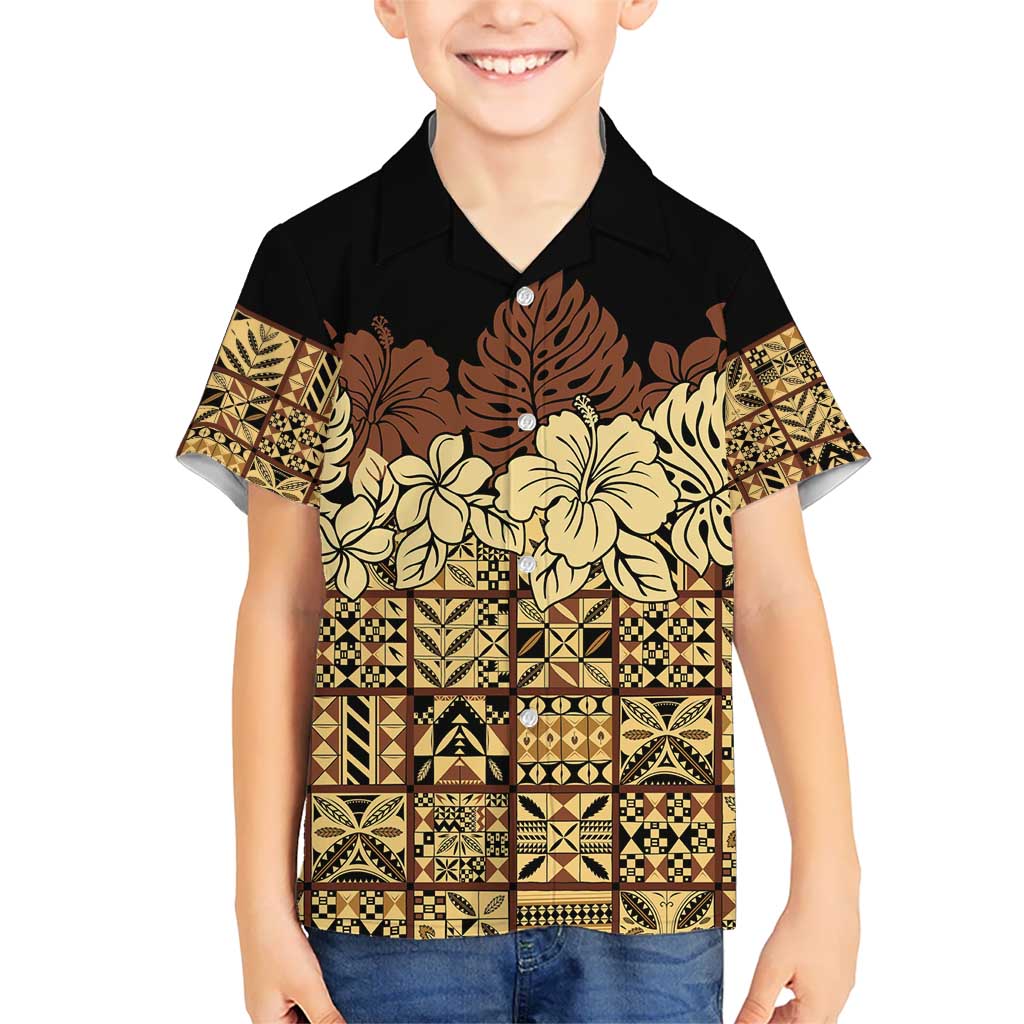 Niue Hiapo Motif Kid Hawaiian Shirt Tapa Classic - Black Ver