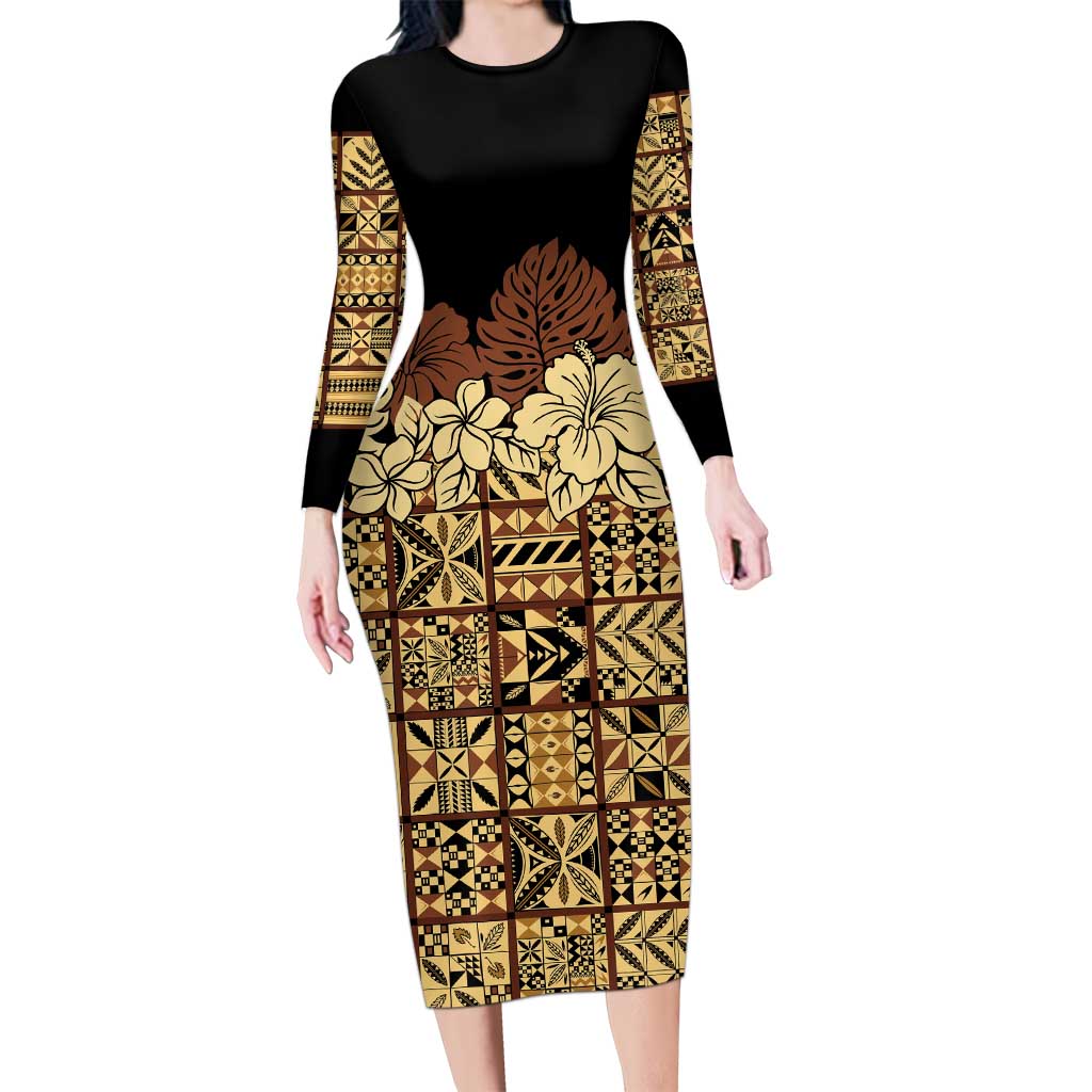 Niue Hiapo Motif Long Sleeve Bodycon Dress Tapa Classic - Black Ver