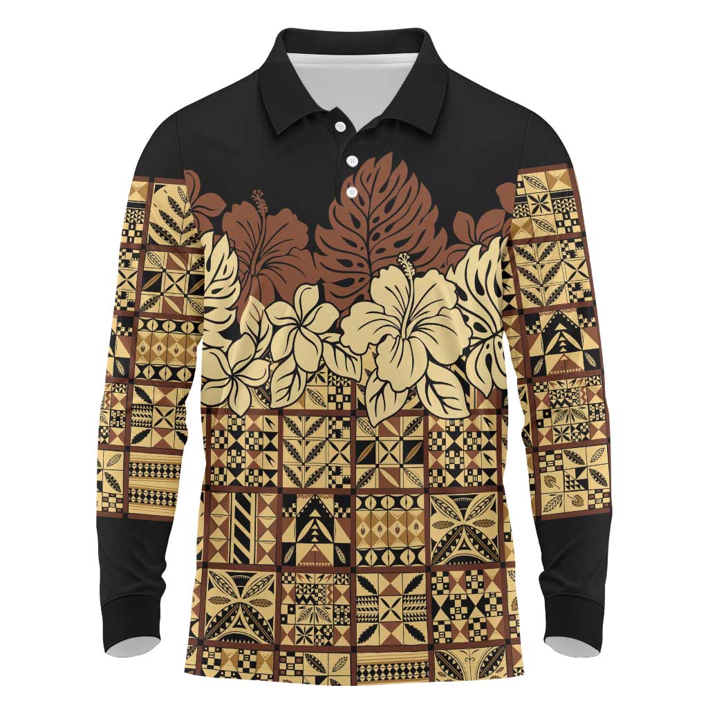 Niue Hiapo Motif Long Sleeve Polo Shirt Tapa Classic - Black Ver