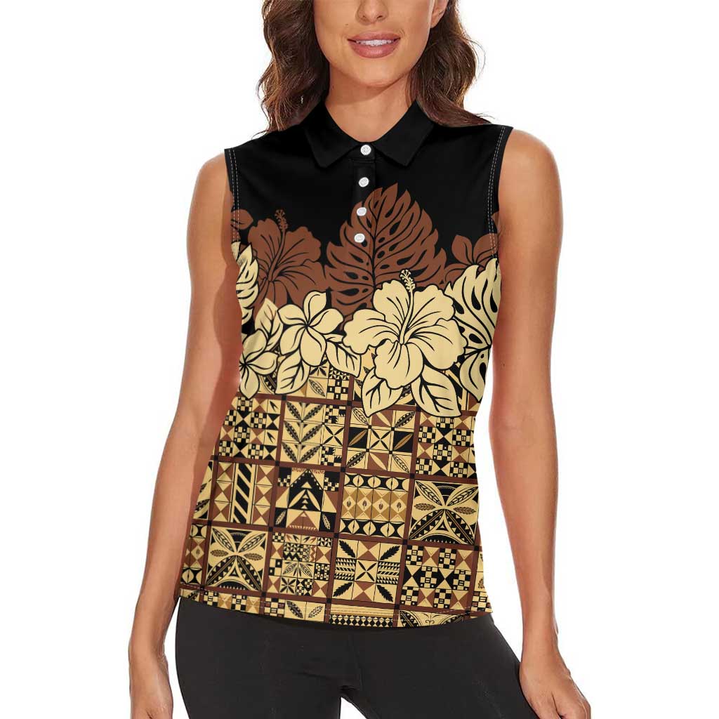 Niue Hiapo Motif Women Sleeveless Polo Shirt Tapa Classic - Black Ver