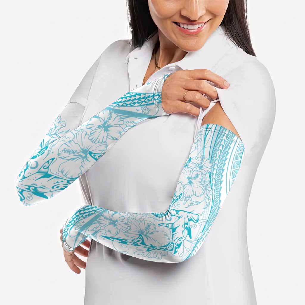Sharks Couple Dreamy Polynesians Floral Sea Arm Sleeves Turquoise - Polynesian Pride