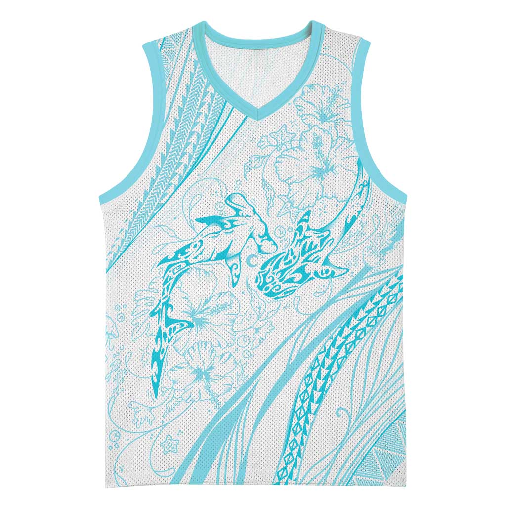 Sharks Couple Dreamy Polynesians Floral Sea Basketball Jersey Turquoise - Polynesian Pride