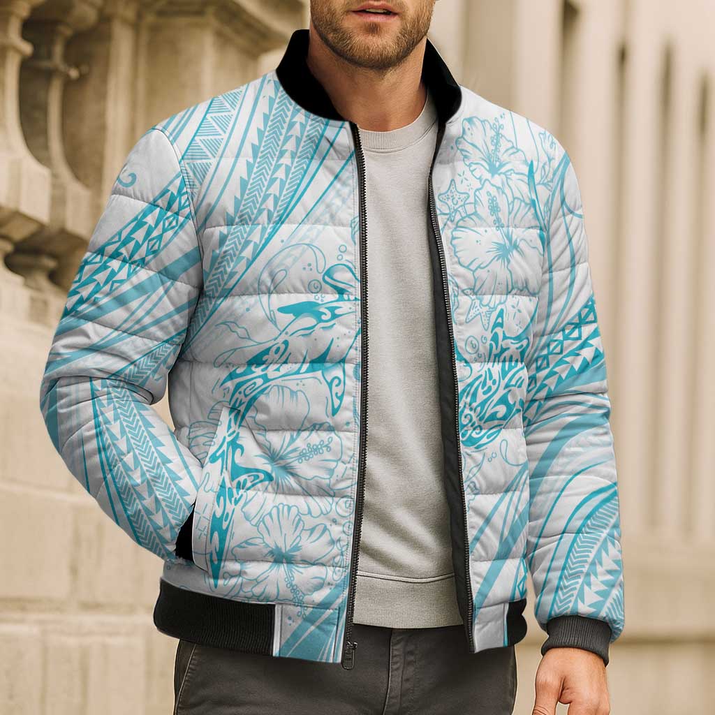 Sharks Couple Dreamy Polynesians Floral Sea Bomber Puffer Jacket Turquoise - Polynesian Pride