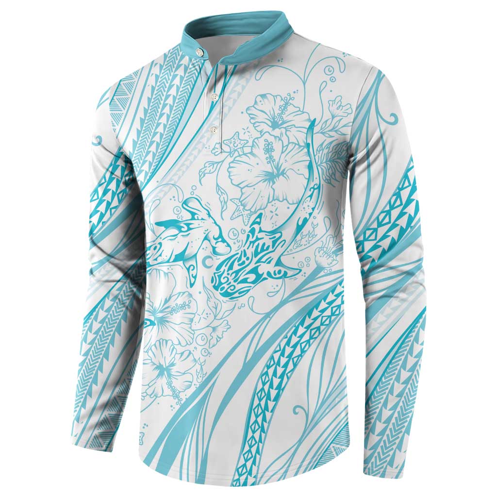 Sharks Couple Dreamy Polynesians Floral Sea Button Sweatshirt Turquoise - Polynesian Pride