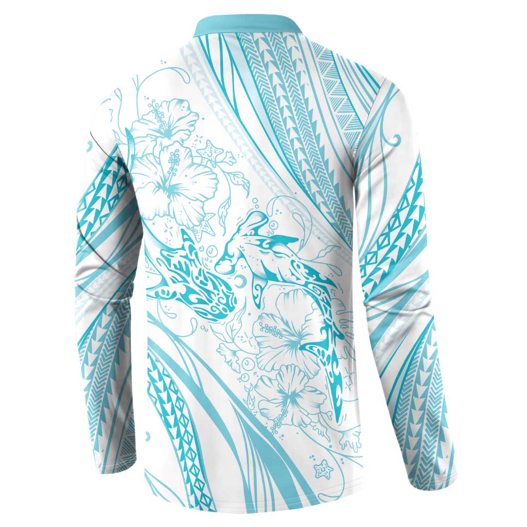 Sharks Couple Dreamy Polynesians Floral Sea Button Sweatshirt Turquoise - Polynesian Pride