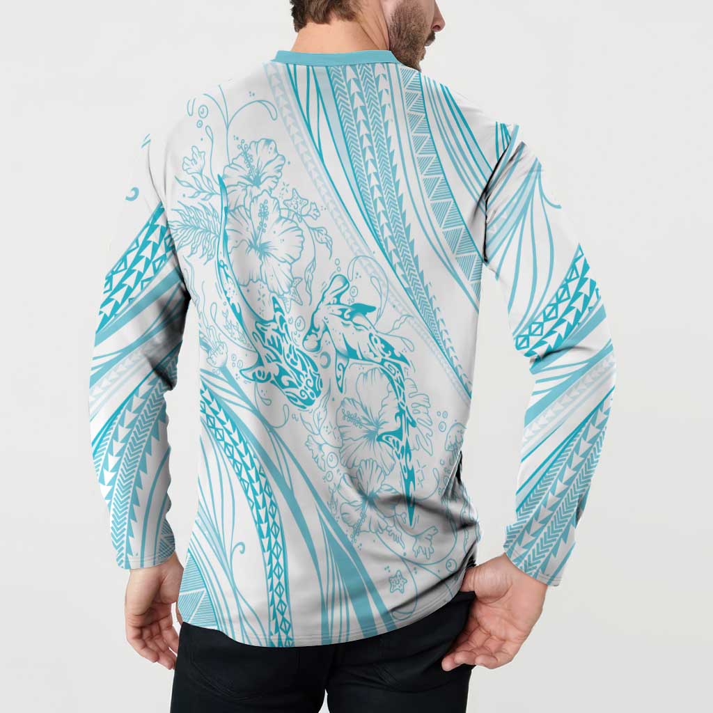 Sharks Couple Dreamy Polynesians Floral Sea Button Sweatshirt Turquoise - Polynesian Pride