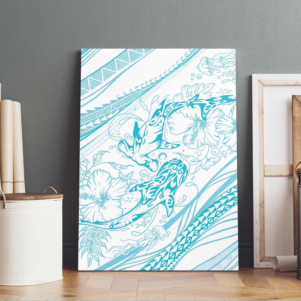 Sharks Couple Dreamy Polynesians Floral Sea Canvas Wall Art Turquoise - Polynesian Pride