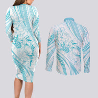Sharks Couple Dreamy Polynesians Floral Sea Couples Matching Long Sleeve Bodycon Dress and Long Sleeve Button Shirt Turquoise LT7 - Polynesian Pride