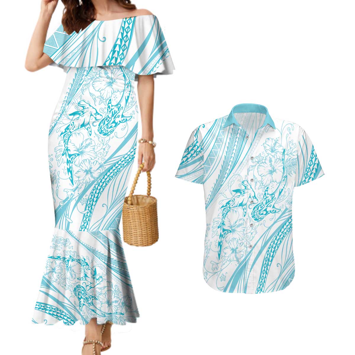 Sharks Couple Dreamy Polynesians Floral Sea Couples Matching Mermaid Dress and Hawaiian Shirt Turquoise LT7 Turquoise - Polynesian Pride