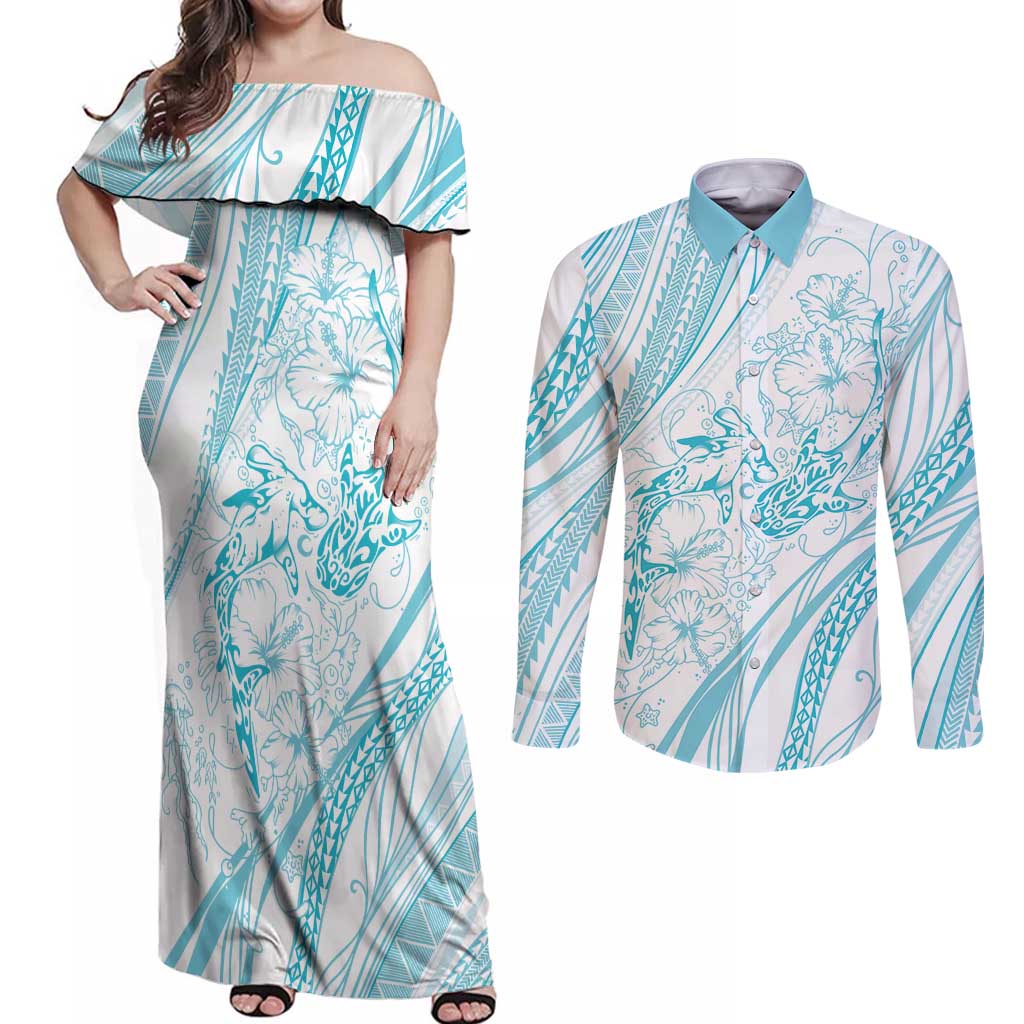 Sharks Couple Dreamy Polynesians Floral Sea Couples Matching Off Shoulder Maxi Dress and Long Sleeve Button Shirt Turquoise - Polynesian Pride