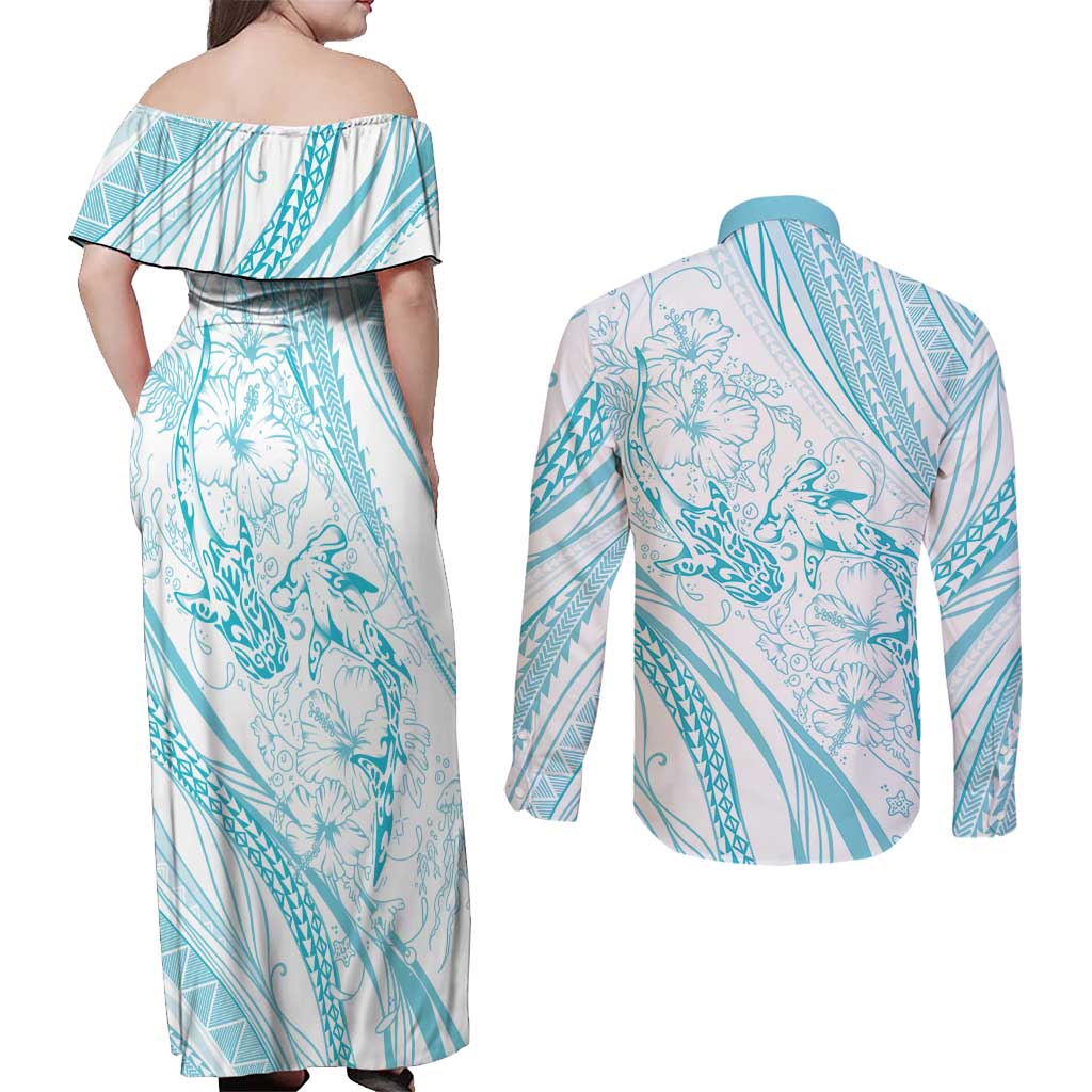 Sharks Couple Dreamy Polynesians Floral Sea Couples Matching Off Shoulder Maxi Dress and Long Sleeve Button Shirt Turquoise - Polynesian Pride