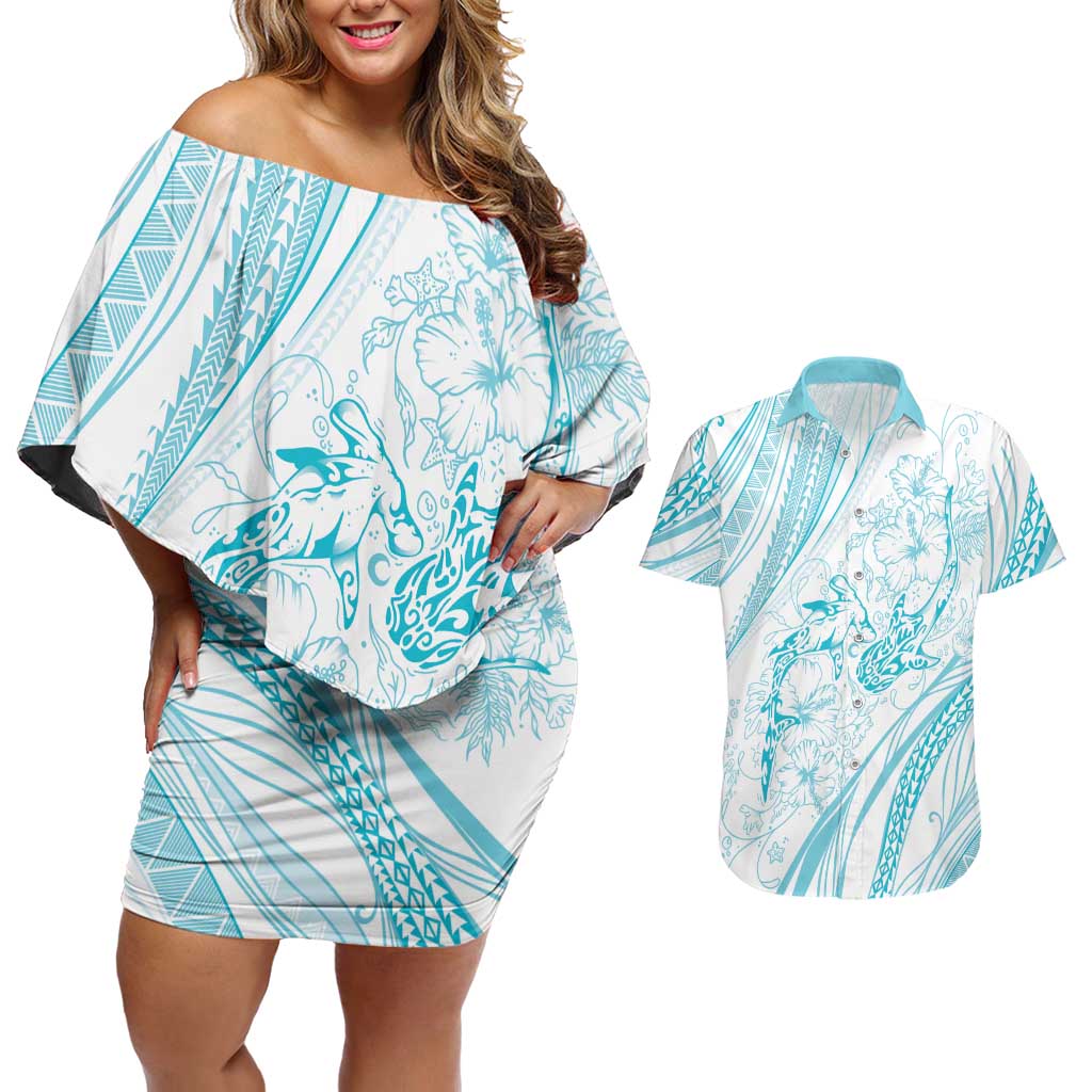 Sharks Couple Dreamy Polynesians Floral Sea Couples Matching Off Shoulder Short Dress and Hawaiian Shirt Turquoise LT7 Turquoise - Polynesian Pride