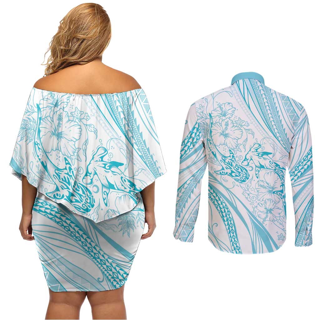 Sharks Couple Dreamy Polynesians Floral Sea Couples Matching Off Shoulder Short Dress and Long Sleeve Button Shirt Turquoise - Polynesian Pride