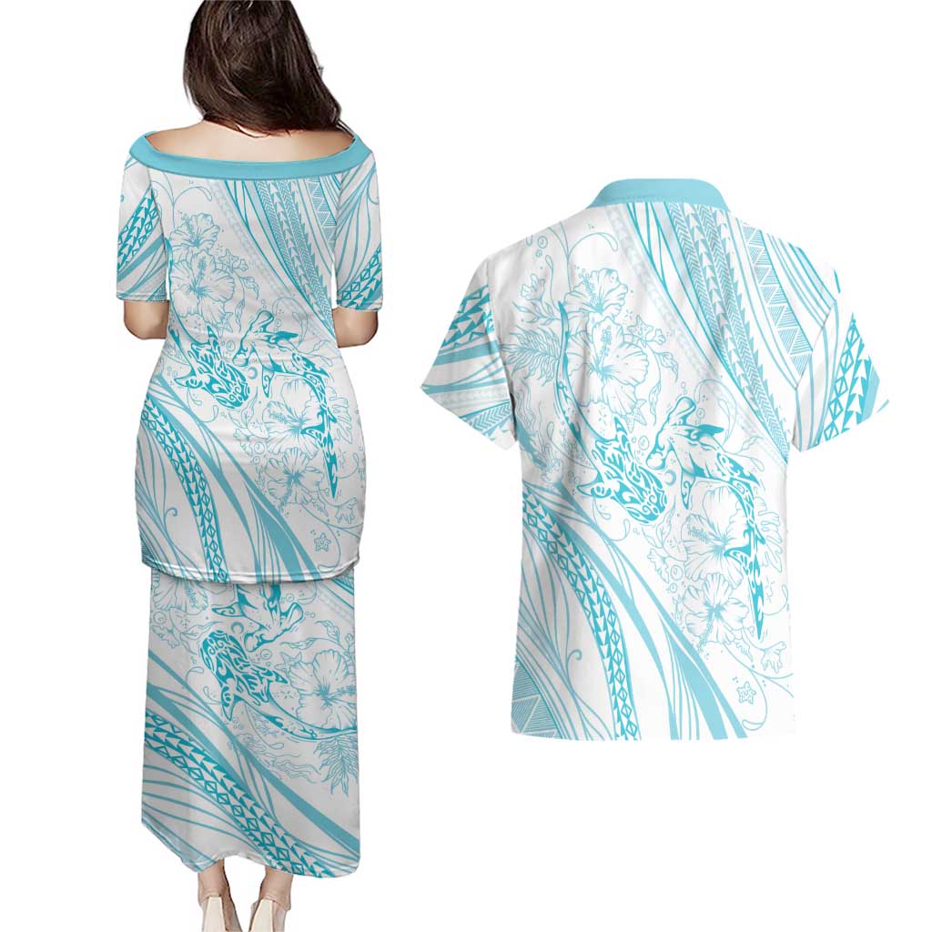 Sharks Couple Dreamy Polynesians Floral Sea Couples Matching Puletasi and Hawaiian Shirt Turquoise - Polynesian Pride
