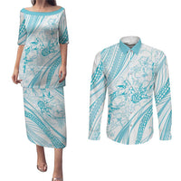 Sharks Couple Dreamy Polynesians Floral Sea Couples Matching Puletasi and Long Sleeve Button Shirt Turquoise - Polynesian Pride