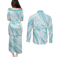 Sharks Couple Dreamy Polynesians Floral Sea Couples Matching Puletasi and Long Sleeve Button Shirt Turquoise - Polynesian Pride