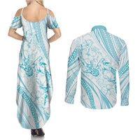 Sharks Couple Dreamy Polynesians Floral Sea Couples Matching Summer Maxi Dress and Long Sleeve Button Shirt Turquoise - Polynesian Pride
