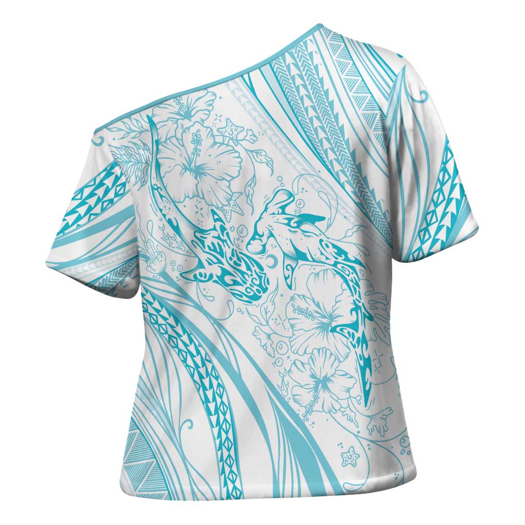 Sharks Couple Dreamy Polynesians Floral Sea Cross Shoulder Shirt Turquoise - Polynesian Pride