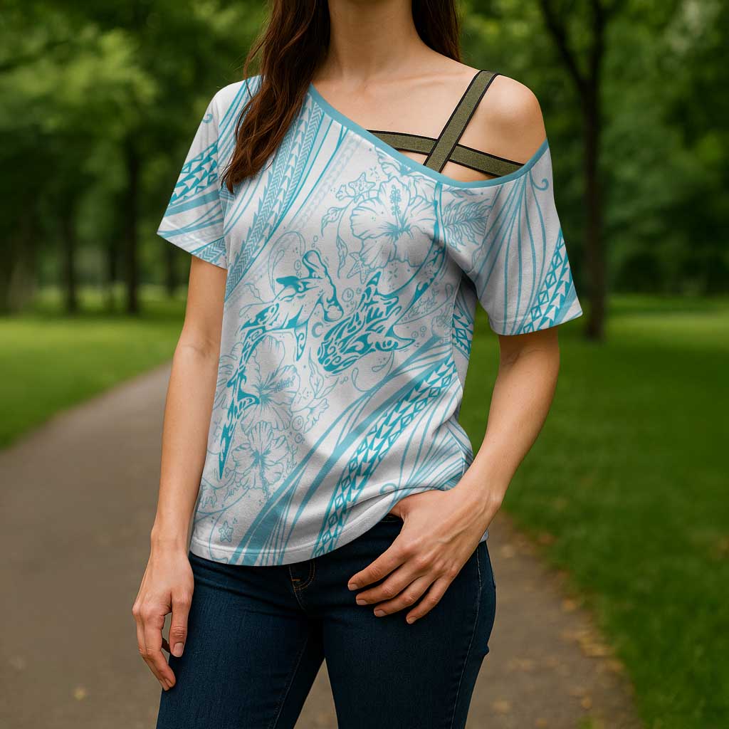 Sharks Couple Dreamy Polynesians Floral Sea Cross Shoulder Shirt Turquoise - Polynesian Pride