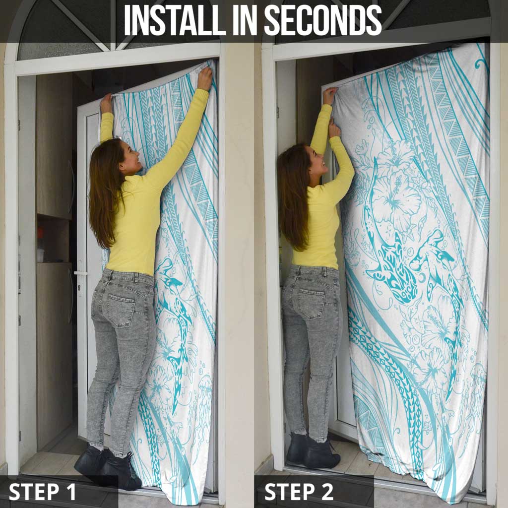 Sharks Couple Dreamy Polynesians Floral Sea Door Cover Turquoise - Polynesian Pride