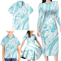 Sharks Couple Dreamy Polynesians Floral Sea Family Matching Long Sleeve Bodycon Dress and Hawaiian Shirt Turquoise LT7 - Polynesian Pride