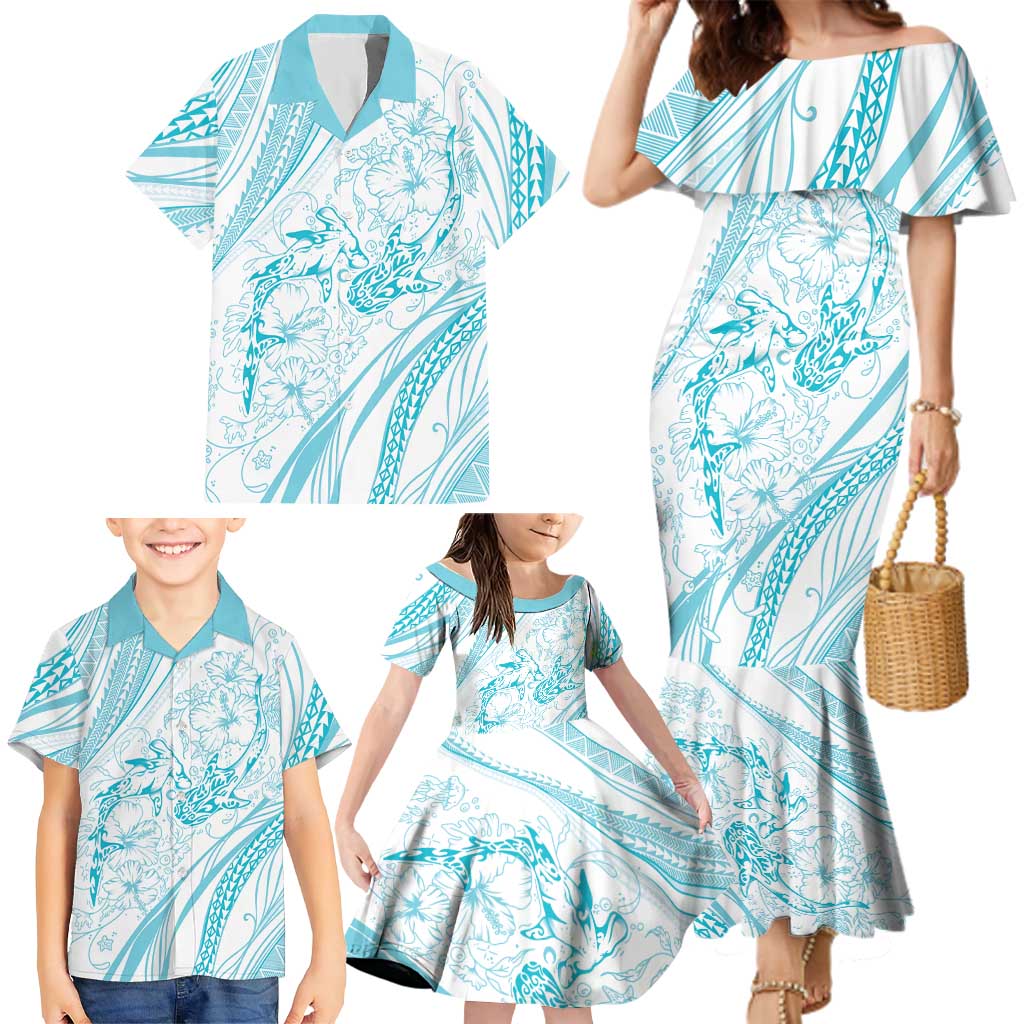 Sharks Couple Dreamy Polynesians Floral Sea Family Matching Mermaid Dress and Hawaiian Shirt Turquoise - Polynesian Pride